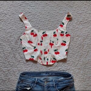 Cherry Print Corset Tank Top - White/Red